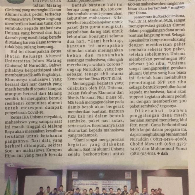 BERITA SEPUTAR UNISMA RABU, 15 APRIL 2020