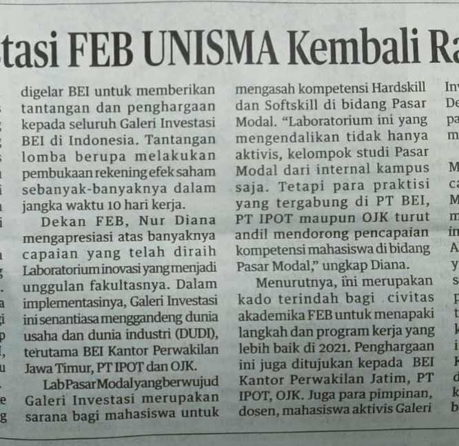 BERITA SEPUTAR UNISMA SENIN 11 JANUARI 2021