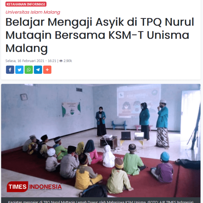 Belajar Mengaji Asyik di TPQ Nurul Mutaqin Bersama KSM-T Unisma Malang