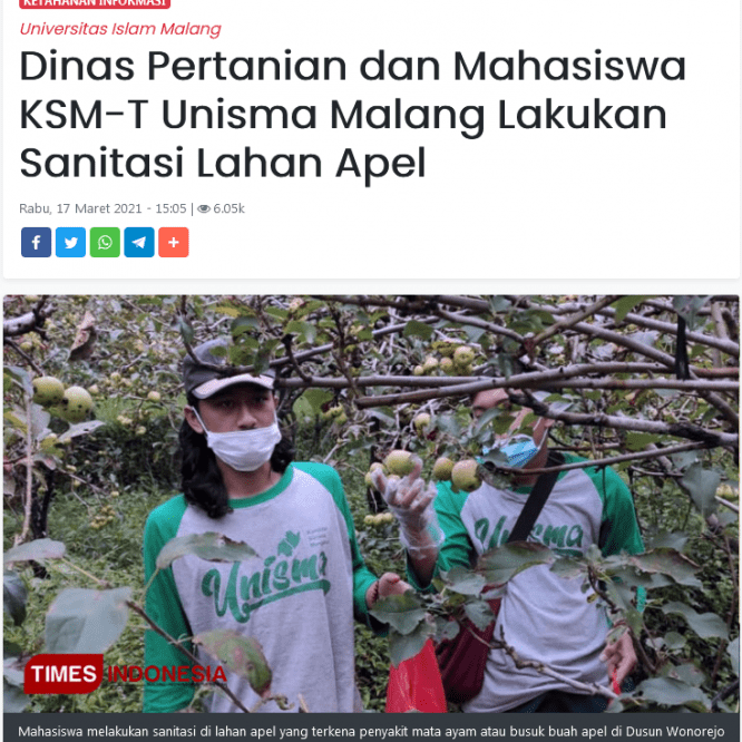 Dinas Pertanian dan Mahasiswa KSM-T Unisma Malang Lakukan Sanitasi Lahan Apel