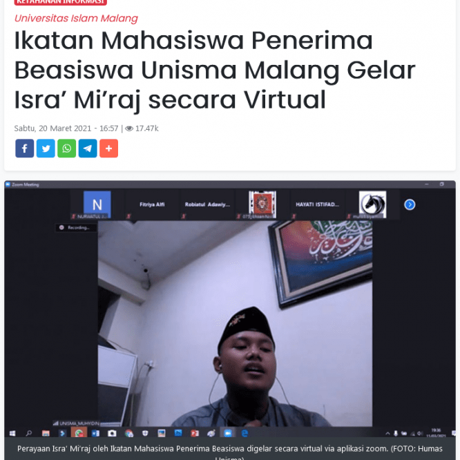 Ikatan Mahasiswa Penerima Beasiswa Unisma Malang Gelar Isra’ Mi’raj secara Virtual