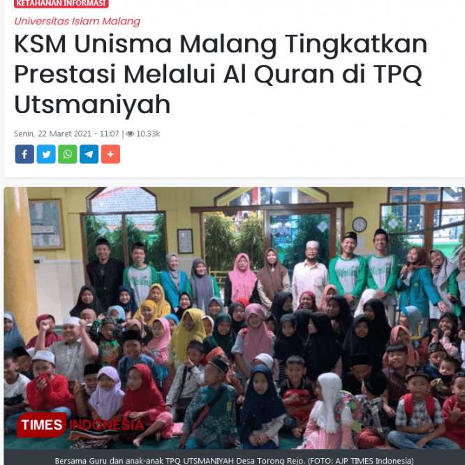 KSM Unisma Malang Tingkatkan Prestasi Melalui Al Quran di TPQ Utsmaniyah