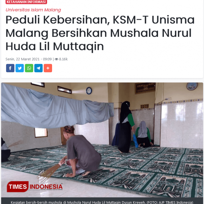Peduli Kebersihan, KSM-T Unisma Malang Bersihkan Mushala Nurul Huda Lil Muttaqin