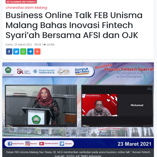 Business Online Talk FEB Unisma Malang Bahas Inovasi Fintech Syari’ah Bersama AFSI dan OJK