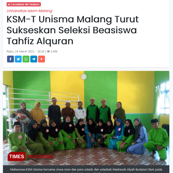 KSM-T Unisma Malang Turut Sukseskan Seleksi Beasiswa Tahfiz Alquran