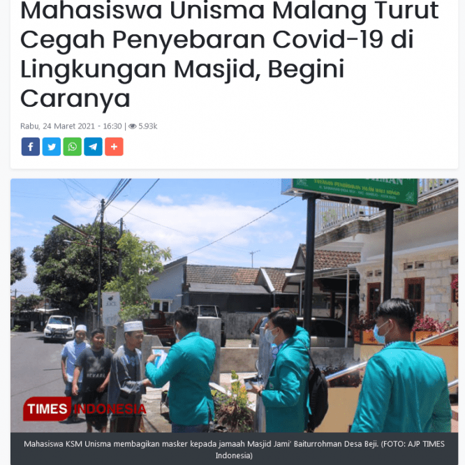 Mahasiswa Unisma Malang Turut Cegah Penyebaran Covid-19 di Lingkungan Masjid, Begini Caranya