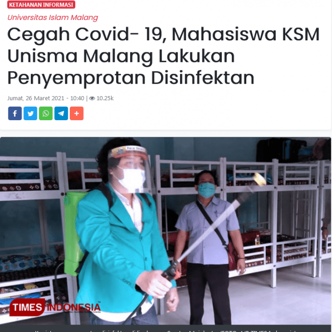 Cegah Covid- 19, Mahasiswa KSM Unisma Malang Lakukan Penyemprotan Disinfektan