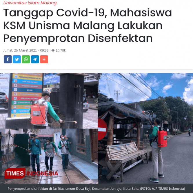 Tanggap Covid-19, Mahasiswa KSM Unisma Malang Lakukan Penyemprotan Disenfektan