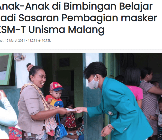 Anak-Anak di Bimbingan Belajar Jadi Sasaran Pembagian masker KSM-T Unisma Malang