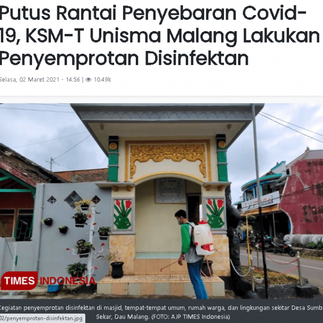 Putus Rantai Penyebaran Covid-19, KSM-T Unisma Malang Lakukan Penyemprotan Disinfektan