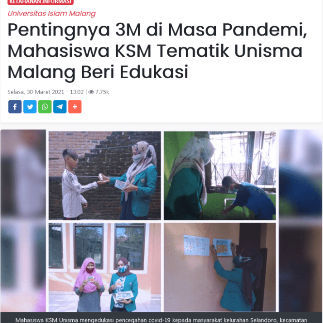 Pentingnya 3M di Masa Pandemi, Mahasiswa KSM Tematik Unisma Malang Beri Edukasi