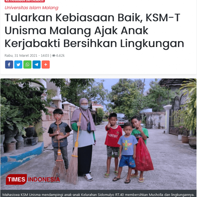 Tularkan Kebiasaan Baik, KSM-T Unisma Malang Ajak Anak Kerjabakti Bersihkan Lingkungan