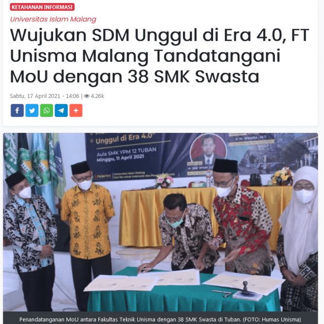 Wujukan SDM Unggul di Era 4.0, FT Unisma Malang Tandatangani MoU dengan 38 SMK Swasta