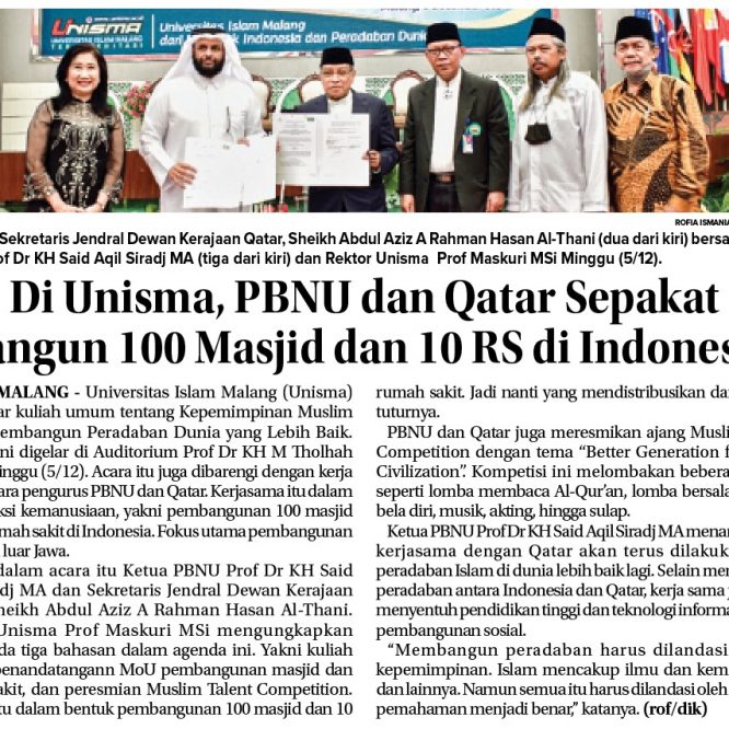 Di Unisma, PBNU dan Qatar Sepakat bangun 100 masjid dan 10 rumah sakit di Indonesia