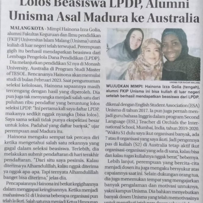 Lolos Beasiswa LPDP, Alumni Unisma Asal Madura ke Australia