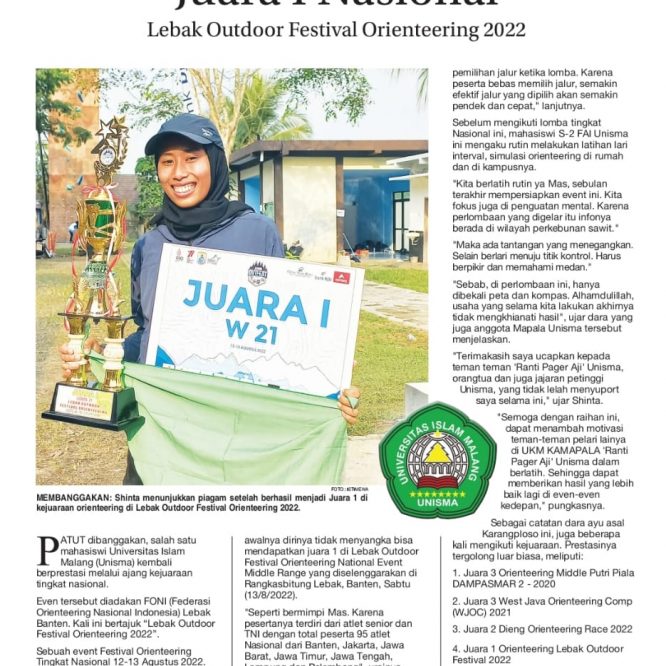 Mahasiswi Unisma Juara 1 Nasional Lebak Outdoor Festival Orienteering 2022
