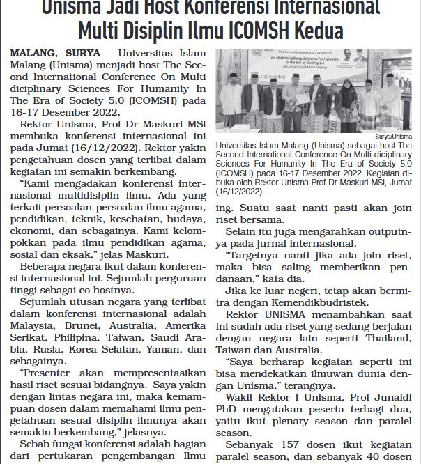 Unisma Jadi Host Konferensi Internasional Multi Disiplin Ilmu ICOMSH Kedua