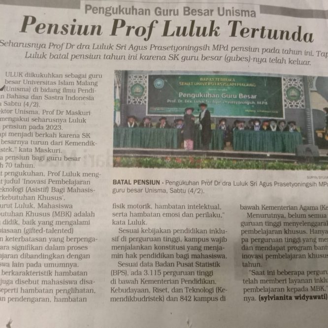 Pengukuhan Guru Besar Unisma ; Pensiun Prof Luluk Tertunda