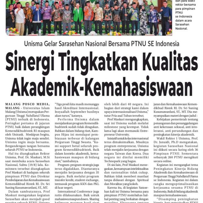 Unisma Gelar Sarasehan Nasional Bersama PTNU Se Indonesia ; Sinergi Tingkatkan Kualitas Akademik-Kemahasiswaan
