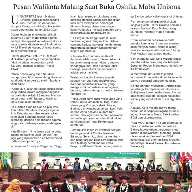 Laboratorium Kampus Adalah Masyarakat ; Pesan Wali KOta Malang Saat Buka Oshika Maba Unisma