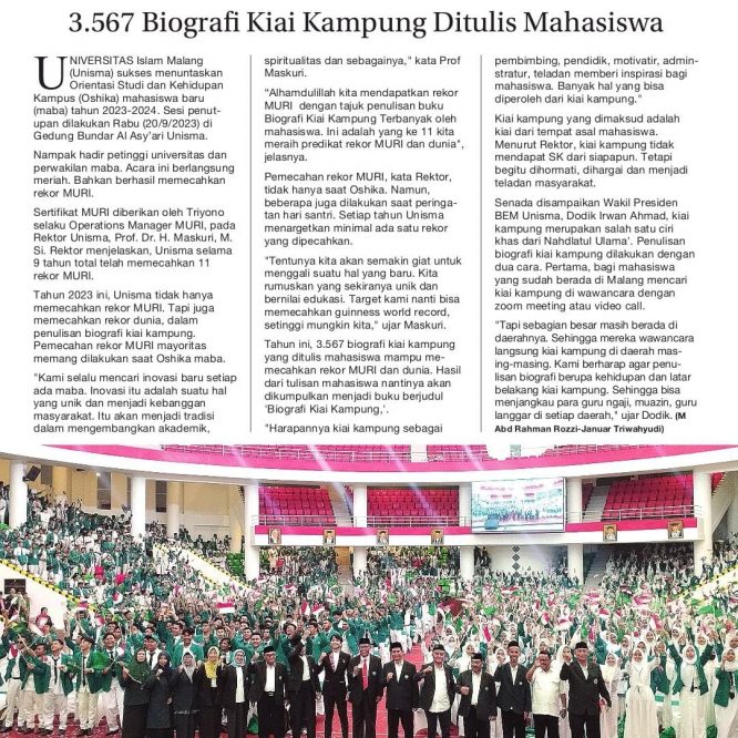 Unisma Pecahkan Rekor Muri dan Dunia ; 3.567 Biografi Kiai Kampung Ditulis Mahasiswa