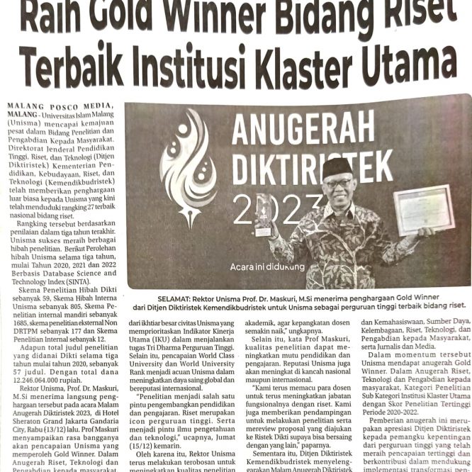 Universitas Islam Malang; Raih Gold Winner, Bidang Riset Terbaik Institusi Klaster Utama