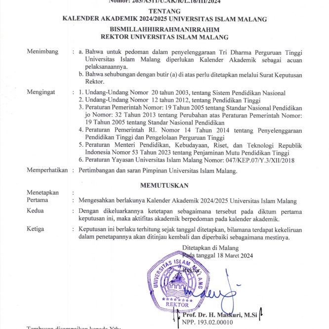 Kalender Akademik 2024/2025 Universitas Islam Malang